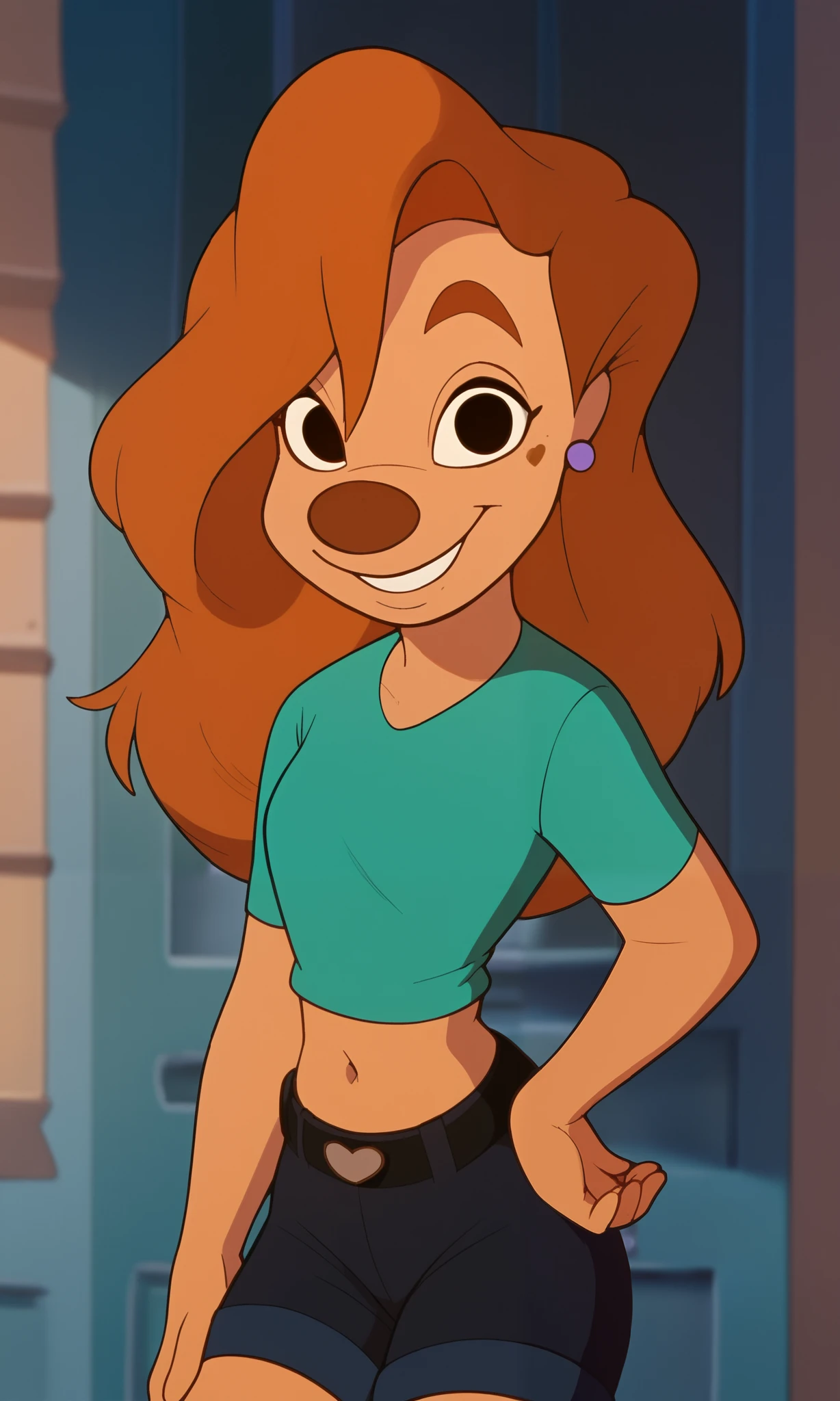 roxanne, 1girl, brown hair, long hair, solo, earrings, black eyes, green midriff shirt, navel, short sleeves, smile, furry female, short shorts, belt,, score_9, score_8_up, score_7_up, score_6_up, score_5_up, score_4_up, looking at viewer, hand on own hip, cowboy shot,