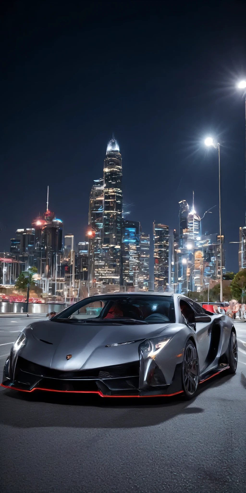 A gray Lamborghini Veneno car on a background of a beautiful city at night. Cinematic light, 4k, uhd.