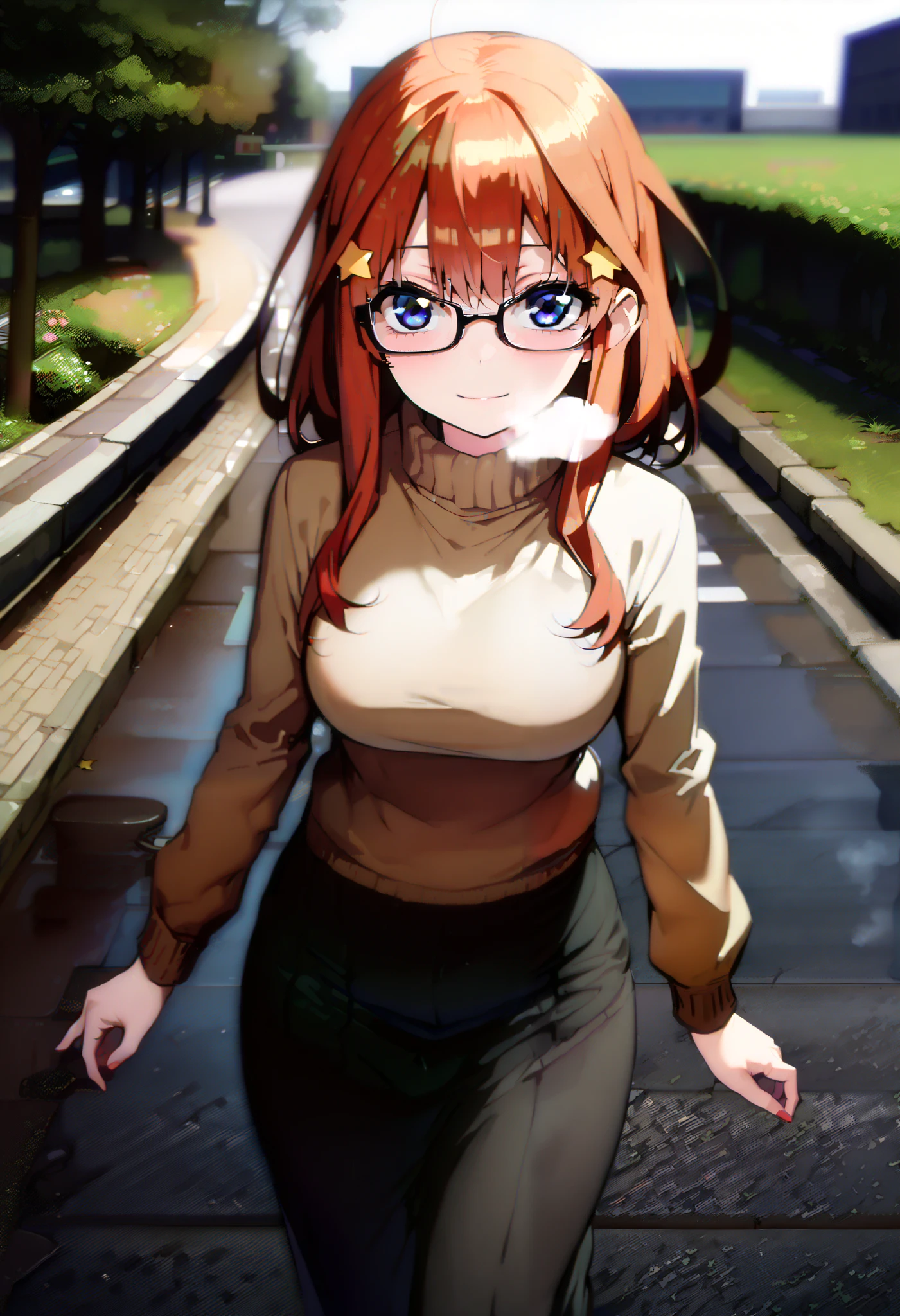 Nakano Mizuki , stupid hair, long hair, blue eyes,star ( symbol ), half rimless glasses, underrim eyewear , star 髪飾り, Red Hair,Big Breasts,smile,red, mouths, White Breath, down jacket,( sweater :1.2),( turtleneck:1.2),redマフラー,Black long skirt, black tights, short boots, walking behind,winter,whole bodyがイラストに入るように, break looking at viewer,whole body,
break outdoors, University,School building,building,
break (masterpiece:1.2), best quality , kampala,unity 8k wallpaper,(shape:0.8),( fine, beautiful eyes :1.6),It's a person ,whole body写真,CG Details , (perfect hand, complete anatomy),