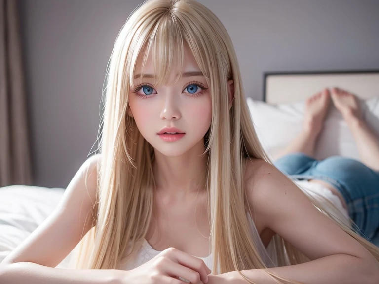 (((Chew sausages deliciously in your mouth)))、(((stick out your tongue and lick the sausage)))、((Drops of white juice in the mouth)))、(((closing eye)))、(((Open your mouth wide to the maximum)))、(((Standing on all fours on the bed)))、((Large chest))、Sexy and very beautiful shiny cute face、shiny beautiful skin、White beautiful skin、Beautiful cute sexy shining beautiful pale light blue eyes, Beautiful very long silky blonde hair、Sexy swaying bangs、18 years old cute little face beautiful girl、weddingdress、yawns、 (((Petite))), (((Little))), ((Flat_Chest)), ((skinny)),
