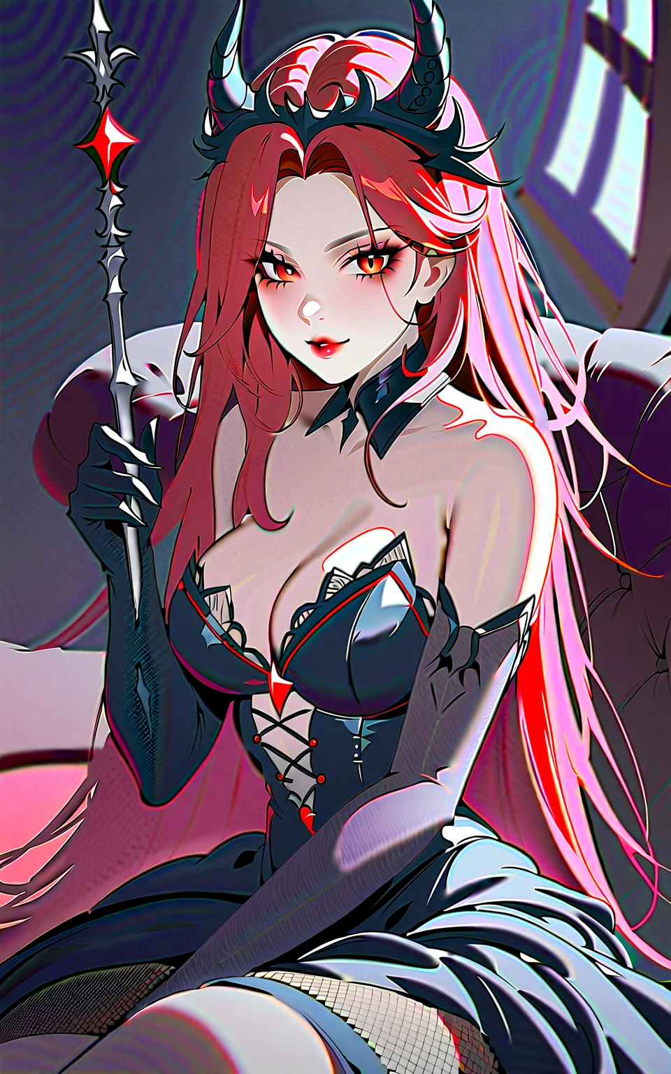 anime girl with a crown on her head and a pink background, trending on pixiv, gothic art, wicked smile, beautiful vampire queen, digital art from danganronpa, malevolent smile, [[[[grinning evily]]]], vampire girl, beautiful vampire female queen, demon anime girl