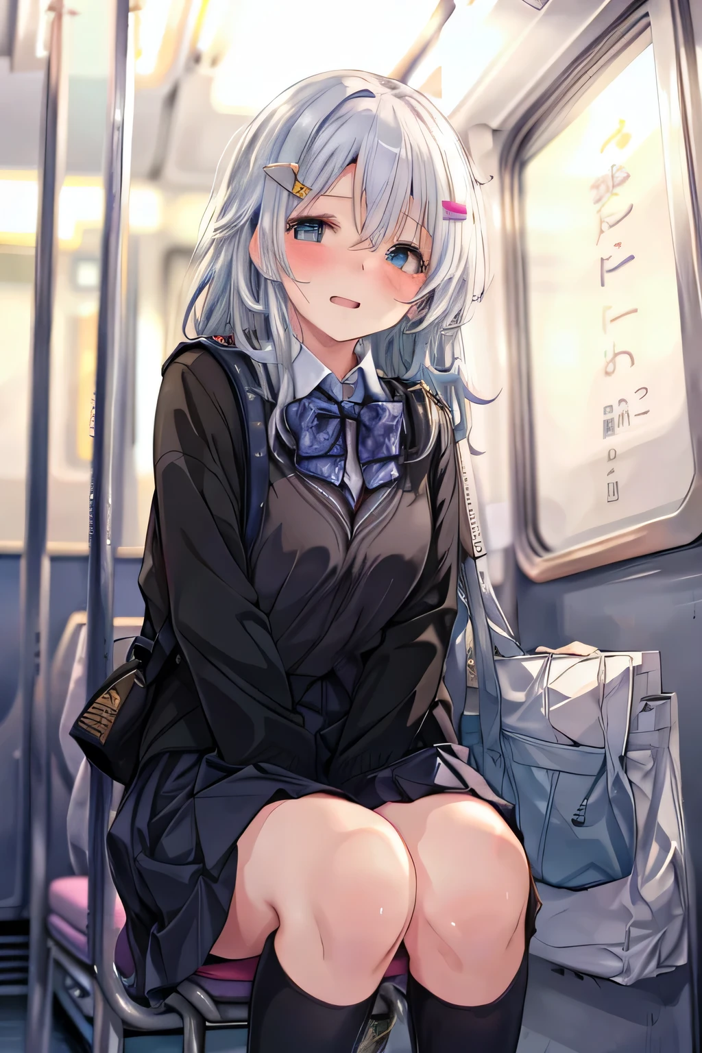 Vibrator remote control in hand, Fraction_9, Fraction_8_direction number_7_direction number_6_up, Subway car interior background, In the crowded crowd, The focus is on 1 girl, collar, Cowboy shooting, Overall details, (masterpiece, Ridiculous), src_Japanese cartoons, big breasts, bags under eyes, scar, burn scar, side shot, blurred, Can't give up, lovable, Reddened cheeks, Demented smile, eyes closed, Opening his mouth with tears in his eyes, left by saliva, White lace miniskirt, wet skirt hem, sticky panties, vibrator cord bulge, vibrator in thigh strap, White lace stockings, wedding hood, pov, best quality, super detail, textured skin, masterpiece, UHD, 8k