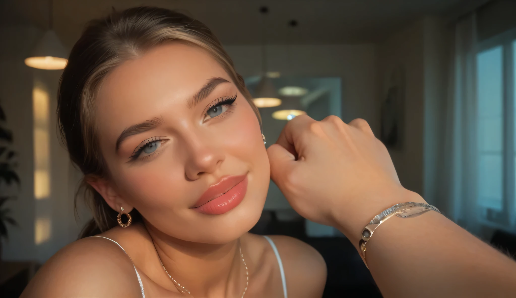 Use a blend of classic Cartoon Comics Art, with bold black outlines, simple shapes, and vibrant and colorful colors. Focus on smooth, minimal shading and sharp, defined lines for a hand-drawn feel. Characters should have expressive faces, balanced proportions, and detailed backgrounds. Highlight dynamic action with exaggerated motion lines and intricate designs.Jennifer Lopez’s hand gently touching someone’s wrist, with soft, warm lighting highlighting the delicacy of the gesture. The background is blurred, creating a dreamy, intimate atmosphere. The focus is on the connection between their hands and the emotions conveyed through the touch."