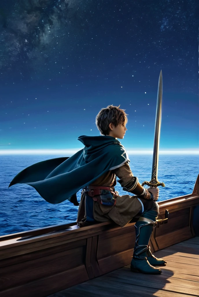 Boy sitting on a boat, Sword in hand, capes, Solitude, high resolution , star ocean, Vista, ๐ก๐ธ๐ถ๐ช๐ท๐ฝ๐ฒ๐ฌ, small
