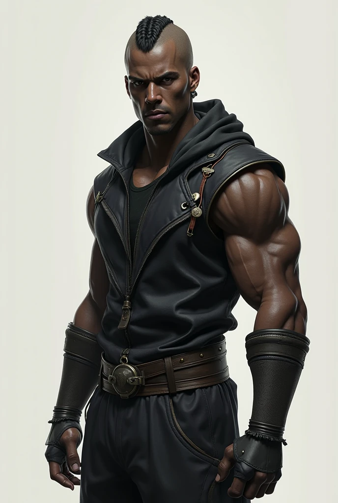 Best quality, dynamic pose, extreme detailing, volumetric lights, luscious metallic textures, muscular black man, bald, naked, wearing a steampunk jockstrap, handsome face, steampunk helmet, steampunk clothing on his arms only, seen from a low angle