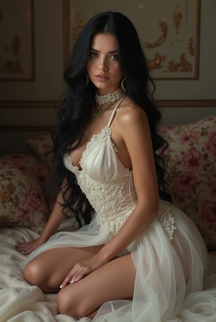 (Masterpiece - Ultra-Detailed, High Definition) Prepare to be mesmerized by a true masterpiece of high-definition ultra-detailed art. This work shows a charming woman with black long hair, mesmerizing brown eyes (1.2), wearing red lipstick, exuding an air of elegance and mystery. She is wearing sexy bedroom clothes. Sexy. Intricate details and realistic textures invite you to explore every aspect of this mesmerizing composition. Sheer white dress. Dress showing erect nipples, standing and posing sexy for the camera with her whole body, Standing, dynamic poses, mouth closed. Different postures. Very sexy, get ready to dive into a world where beauty and craftsmanship are perfectly combined.