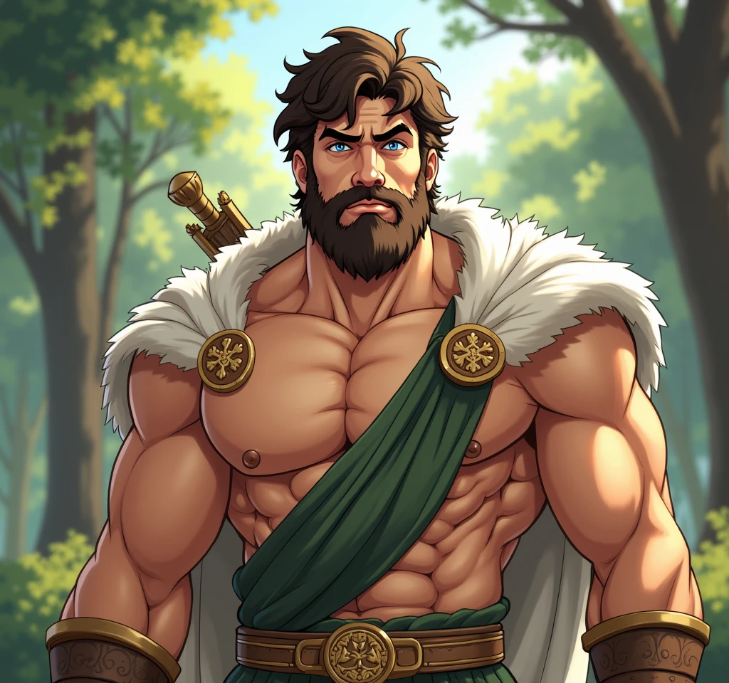 Priapus strong virile large mass beautiful androgynous face with sharp features and eyes with an intensely natural green color, wearing Greek costumes, large wavy hair that cascades down to his strong shoulder and muscular golden skin.  big hard dick