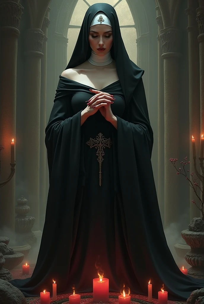 (best quality,4k,8k,highres,masterpiece:1.2),ultra-detailed,(realistic,photorealistic,photo-realistic:1.37),horror,portrait,the nun,creepy,scary,night scene,dark atmosphere,Gothic architecture,religious symbols,ominous shadows,dramatic lighting,terrifying nun's face,evil smile,demonic eyes,haunting presence,life-sized poster,exquisite details,cloaked figure,mist,haunted abbey,subtle hint of blood,mysterious aura,morbid theme,spooky atmosphere,ominous fog,frightening visuals,unsettling vibes,abandoned graveyard,grim surroundings,gloomy color palette,creepiness permeating the air,dread-inducing,horror movie vibes