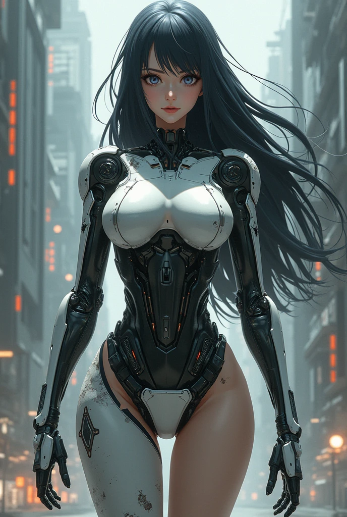 1girl, solo, long hair, breasts, simple background, white background, medium breasts, monochrome, greyscale, from side, profile, science fiction, android, joints, mechanical arms, cyborg, robot joints, cyberpunk, mechanical parts <lora:biomanic:0.7>