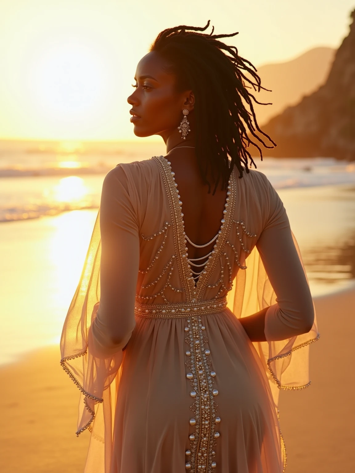 A half ebony, half Irish, half Samoan, and half Filipino woman, a vampire, has a Brazilian style about her, has a great physique, soft demeanor, mature, and she Has braids, glasses, and blue eyes. Coffee and cream colored skin. She shows off her curvaceous body, and standing along the beach at night, only being illuminate She has an ethereal beauty about her, and could steal a man's heart with just her looks alone. She wears something tight that clings to her skin, her eyes are sharp and piercing, and her facial structure is immaculate, cannot be replicated.