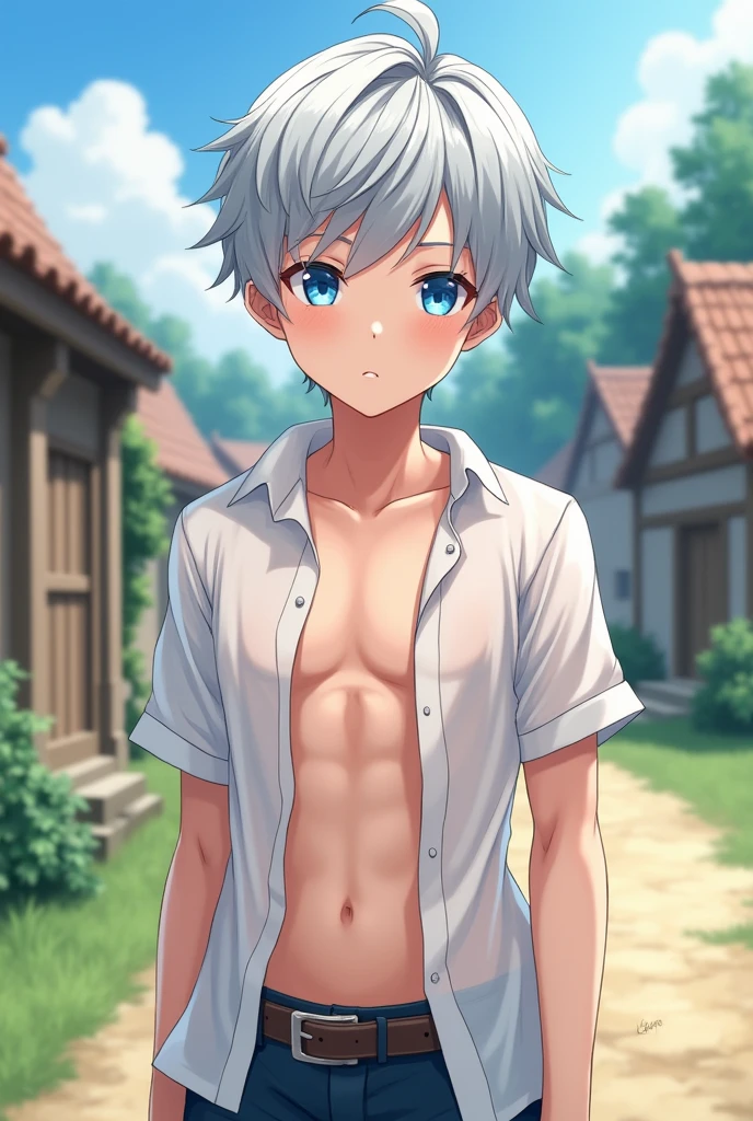 Ultra sharp, Anime style, Highres, Masterpiece, Best quality at best,Best Quality,hight quality, hight detailed, 1boy, Young boy, handsome, Grey hair, Shirtless, Topless, Belt, Slim body, Body, Short body, Undercut hair, perfect face, detailed eyes and face, Grey eyes, shy expression, clean shaved, muscular, capturing a rural atmosphere, dynamic lighting, 10-Year-Old-Boy, Seen from side, (Showing armpit:1.3), Earring, Choker, Sweat, Simple beckground
