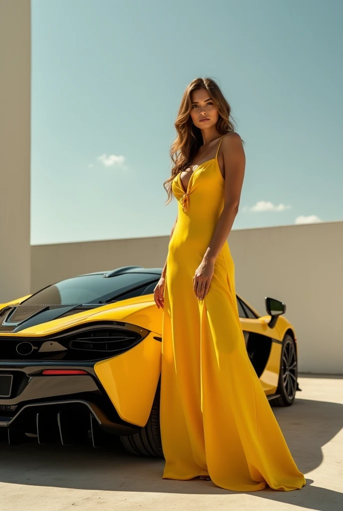 a picture of a female model wearing an evening dress standing near a red sports car, glamorous model woman, extremely beautiful face, ultra feminine, detailed face, exquisite beautiful face, black hair, long hair, wavy hair, beautiful green eyes, she wears a ((yellow evening dress: 1.5)), elegant, intricate detailed dress, silk dress, small cleavage, she wears elegant knee high heeled boots, exquisite knee high heeled boots, standing near a ((red sports car: 1.5)), in a cyberpunk street an night background, moon, stars, lamp light, (Masterpiece: 1.5), 16k, highres, best quality, high details, ultra detailed, masterpiece, best quality, (extremely detailed), LU, drkfntasy