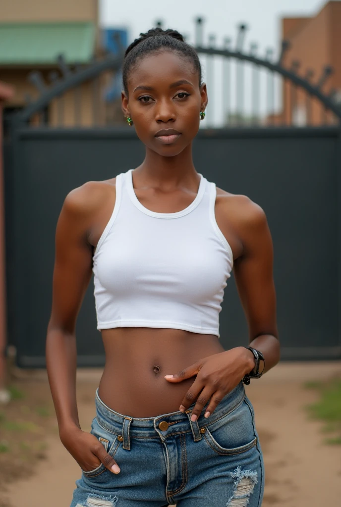 Une jeune fille noire métisse afro-américaine de 20 ans très clair de peau et très belle avec un corps athlétique, skinny des cheveux bouclés mi-longs, un teint lumineux et des traits doux. Elle porte une tenue de vacance moderne et se tient dans un environnement urbain. Elle a un regard confiant et un sourire accueillant." je veut une photo très réaliste pour un compte Instagram