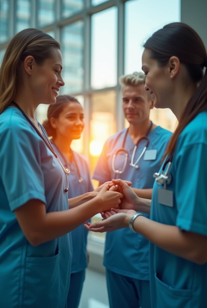 Congratulations on your first job. Nurse in blue uniform. People clapping. Dark haired girl of 1.50 tall 