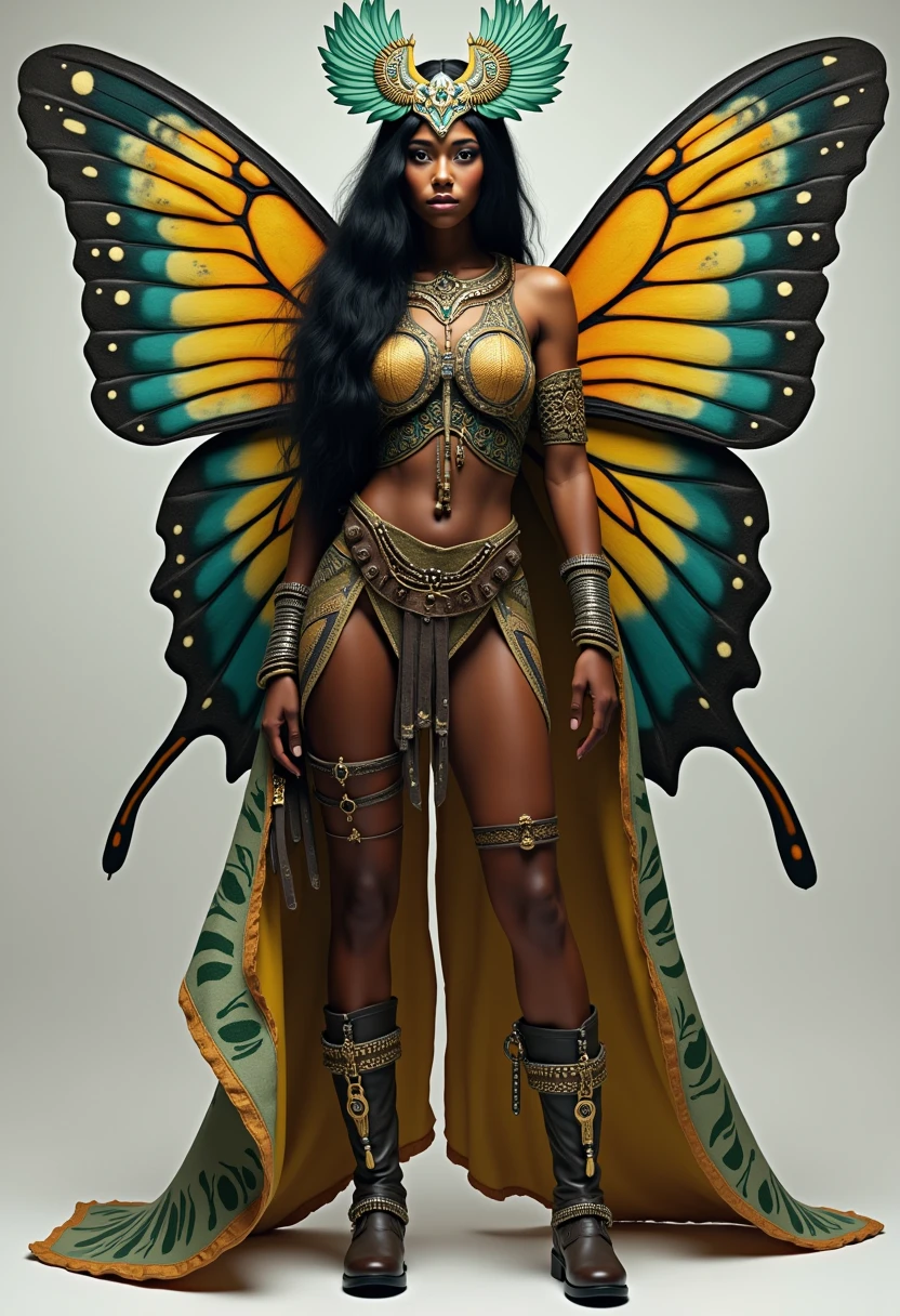 1 girl, dressed in Hufflepuff costume, stand, wide hips, mulher fully body, t pose, stand, standing, stand, one female stand, one female standing, one, fully body, girl single full body, (big boobies), (((full body))),  (thick-thighs), ((wide hip)), ((((slim waist)))), tribal armor, costumed with feathers and feathers on her head, stunning africano princess, aztec warrior goddess, Aztec princess portrait, african queen, epic 3d oshun, aztec queen,