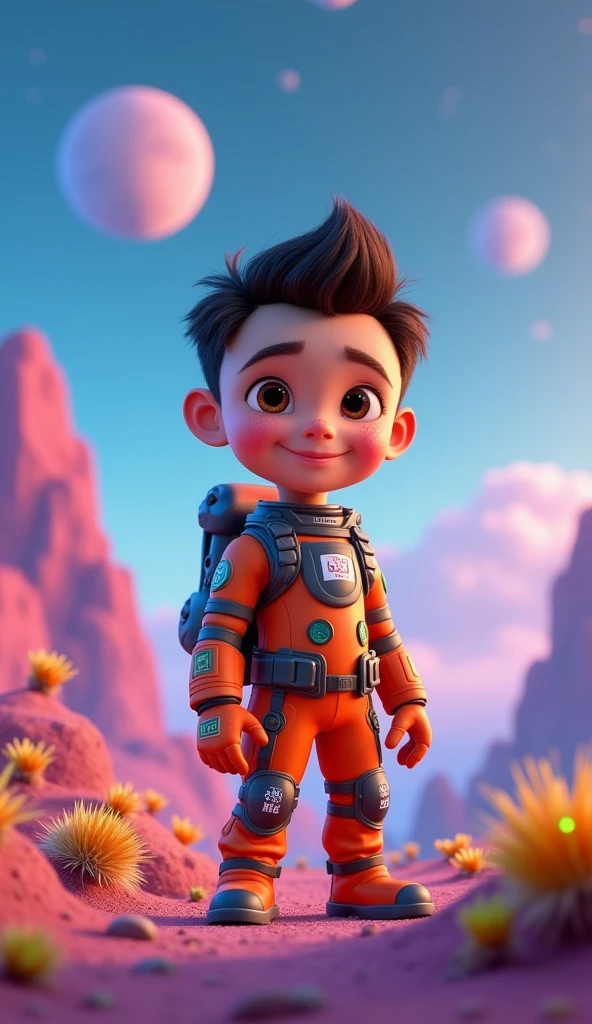 a happy cute ??? standing short hair, vestindo uma fantasia espacial, , fundo branco, barnet, Tom, Estilo Pixar, ....3d, desenhos animados, rosto detalhado, asymmetrical 16k