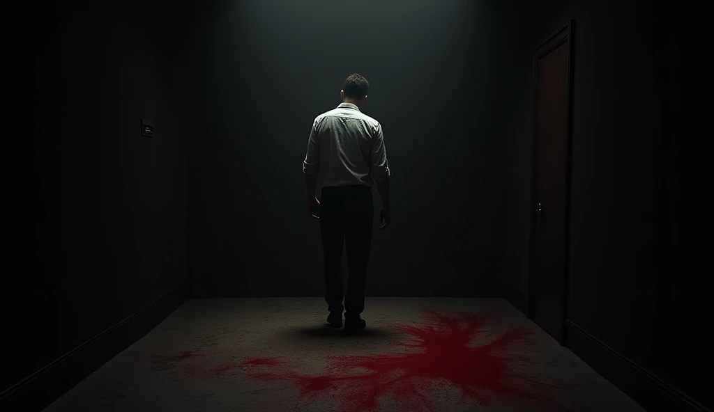 Dark red and black themed poster with back view of a man wounded and covered in blood and blood covered torn shirt with dead bodies lying 
titled raudram 
