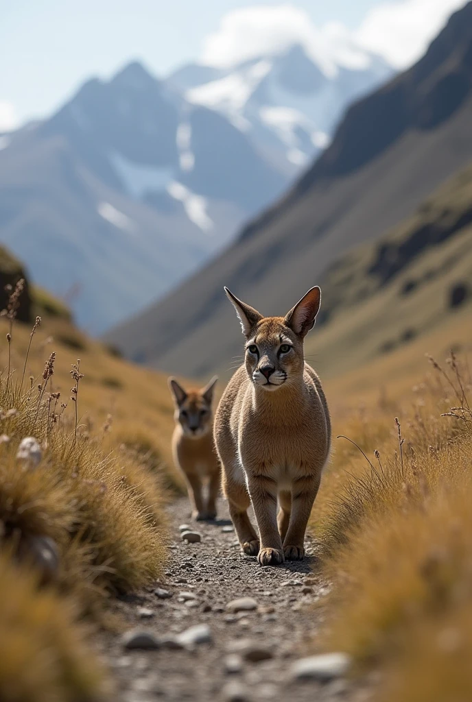 Andean puma walking in the mountains