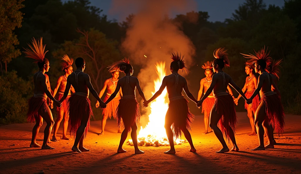 full body image of African Sambia tribe dancing around fire with s in the middle, professional lighting.
