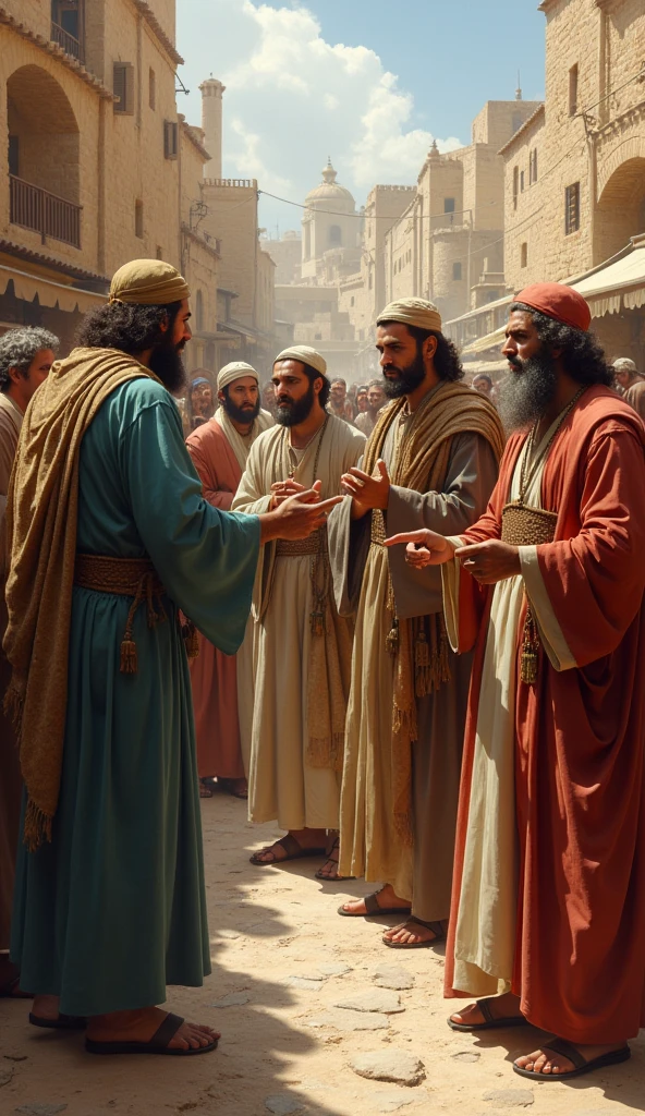 Joseph being sold as a slave by his brothers to a merchant. The atmosphere is an oriental market, with colorful fabrics and spices in the background. The emotions of despair and betrayal are evident in Joseph., while the brothers have expressions of regret.
