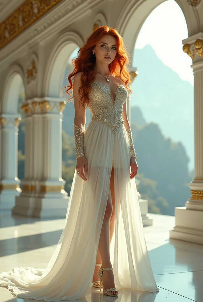 8k,highres, 1girl, indoors, front light,red hair, white dress,long dress, luxurious dress,gold, high heels,