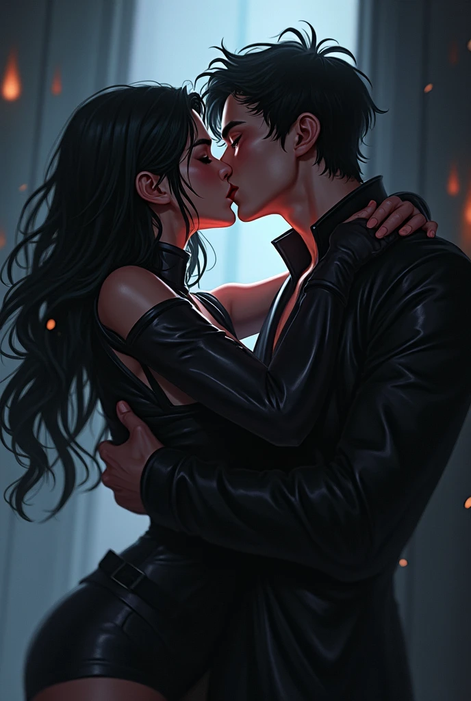 A tall, 190cm muscularly lean 19 year old man with messy curly black hair, a sharp jawline, sharp eyes, red left eye, green right eye, wearing a white cloak and black T-shirt, carrying a short, 150cm muscularly lean and slim 19-year old girl with really long silky black hair, big blue eyes, plump cheeks, a sharp jawline, big breasts and muscular forearms and calves, wearing a black hoodie. Holding eachother, in a war. Couple. Kissing. Smiling and blushing. Nio Eko and Azeru Eko. Sexy and lewd.