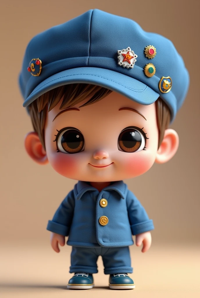 Anime bonito chibi baby boy, Pele morena escura, Roupas exercito cinza, usar botas, cara de sarda, sol, cabelos negros cacheados