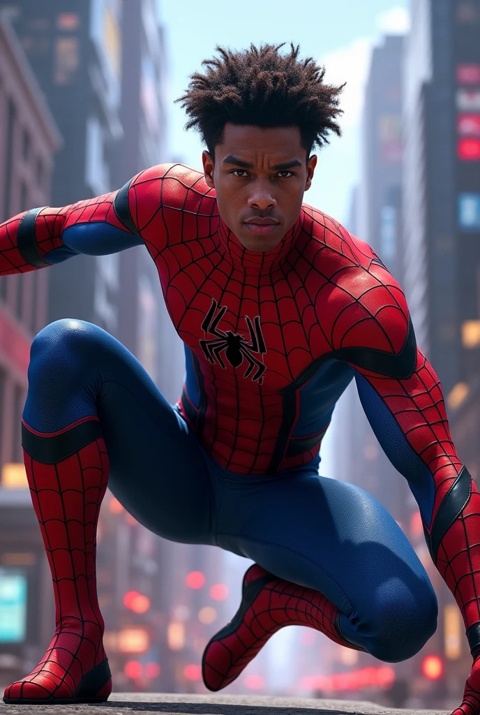 Across the Spider-Verse style. Cinematic portrait of Miles Morales Wearing Spider-Man's black uniform, in an epic dynamic pose on top of a building under the moonlight.  Emotional facial expression.  The night is calm and the atmosphere is tense. Highly detailed, detailed face, intricate, vivid colors, realistic, 