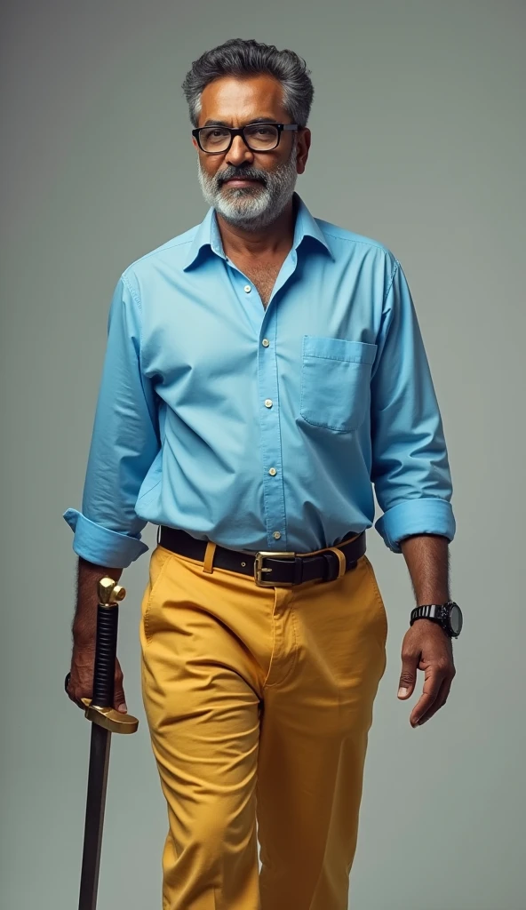 1 homem de camisa amarela 54 anos , ripped jeans on the knee, imagem vivida, Light Volumetric, estilo realista,