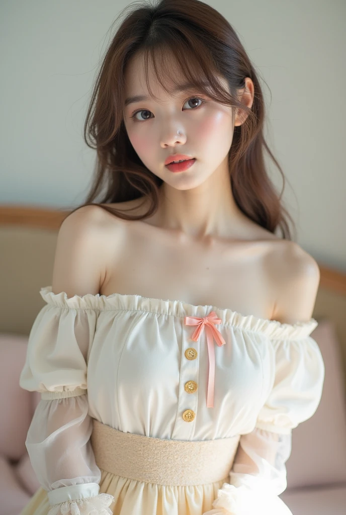 Pretty Korean girl with milk tea , douyin makeup pale as snow , porcelain skin, cute eyes and is in her room with a charming outfit composed of a white blouse off-the-shoulder and a lace skirt from multiple layers. The blouse has a pink ribbon on the chest and button closure on the front . The skirt is mainly made of off-white lace with multiple ruffles , and you can see a slight touch of pale pink under the lace . The overall style is very sweet and romantic , colored hair that is reminiscent of ta fashion or other similar styles .