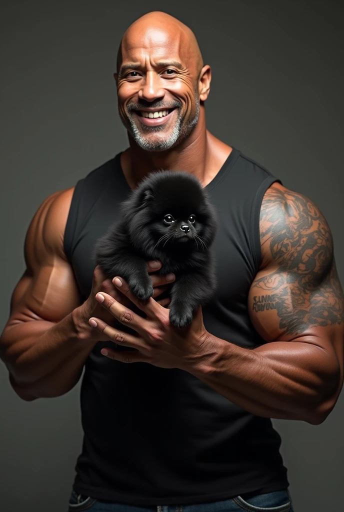 The rock (Dwayne Douglas Johnson) with his big persian cat eating sate in a cafe, nighttime,
