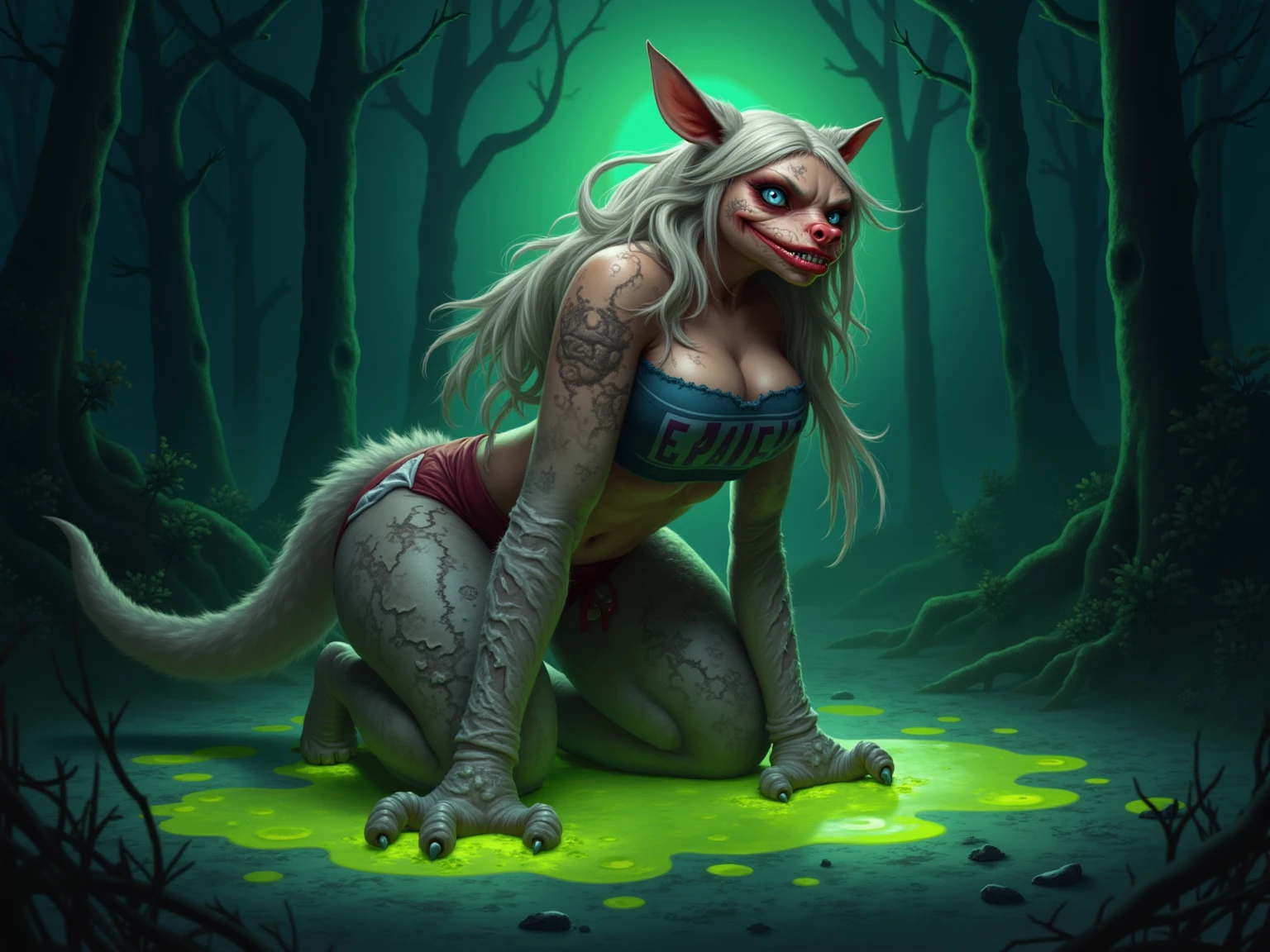 (by darkgem:1.4), masterpiece, detailed Bonifasko lighting, [crepuscular ray], best details, real life, depth of field, (bright lighting:1.4), detailed background, nude, solo female, (anthro), (anthro possum:1.4), monster, sexy girl woman, femme, genitals, hairy pussy, exposed vagina, exposed armpit, with bushy pubic hair and armpit hair, snarling, growling, attitude, (breasts:1.2), clear details, (monster girl:1.2), powerful, pleasure, orgasm, self-pleasure, sticky pussy, (stinky, smelly, sweaty:1.2), perfect hands, matted hair, fingers in pussy, pink fur, (multiple breasts:1.5), small breasts