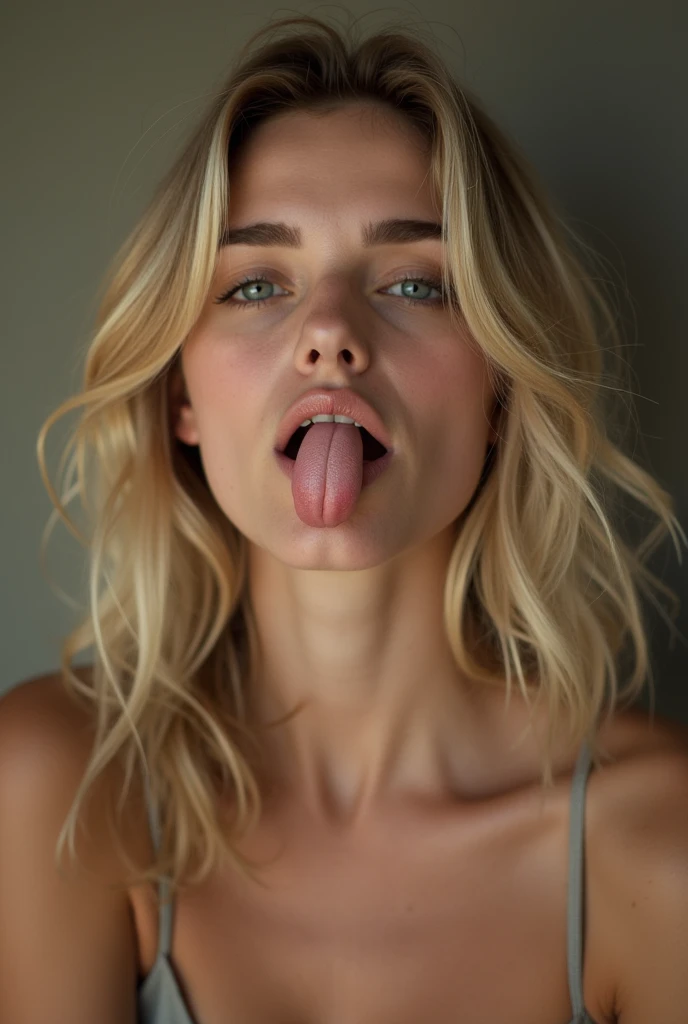A young blonde woman putting a finger on her tongue while winking