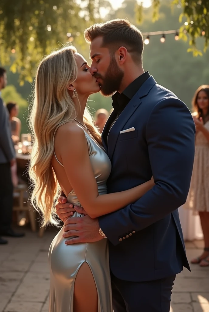 Attractive woman, very big breasts, slim waist, wearing a beautiful summer dress, ((devotedly kissing with a handsome man))