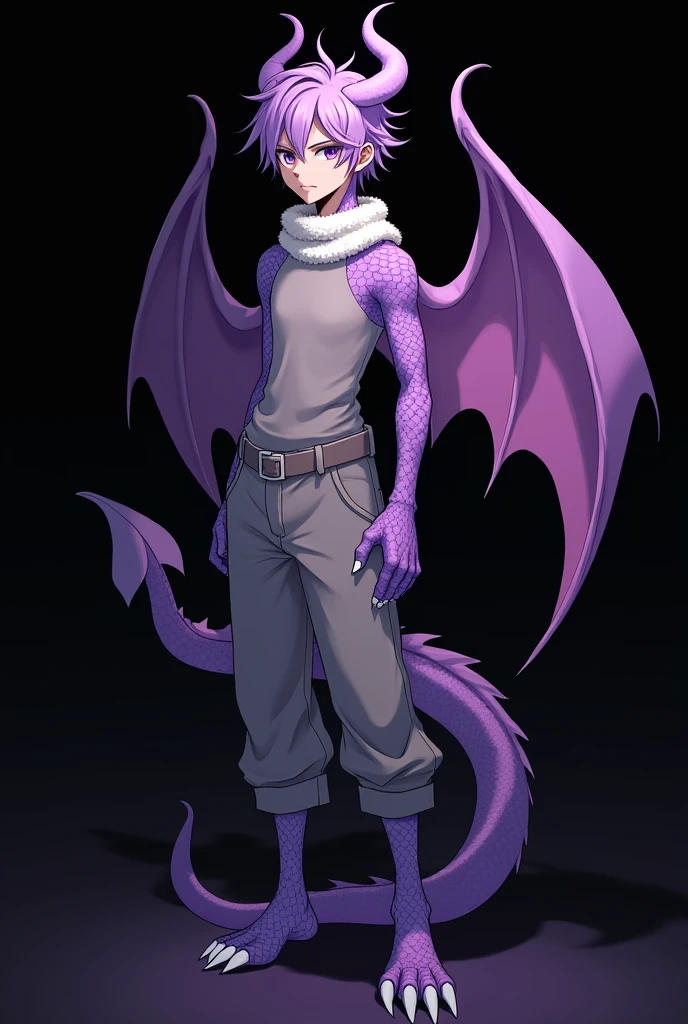 violet dragon scales on legs, violet dragon scales on hands, violet dragon scales on neck, violet dragon scales on side torso, violet dragon tail on back waist, violet dragon wings on back, violet dragon eyes, violet dragon horns on head, purple pupils, black jacket with asymmetrical fields and long sleeves, high collar and two buttons on the left side, black trousers without a belt, black shoes, purple hair, calm look, calming pose with hands in pockets, closed mouth, full focus on body, look at the viewer, anime style, 16K, Best quality, high quality, accurate, masterpiece, uhd, retina, anatomically correct, textured skin, high details, award winning,