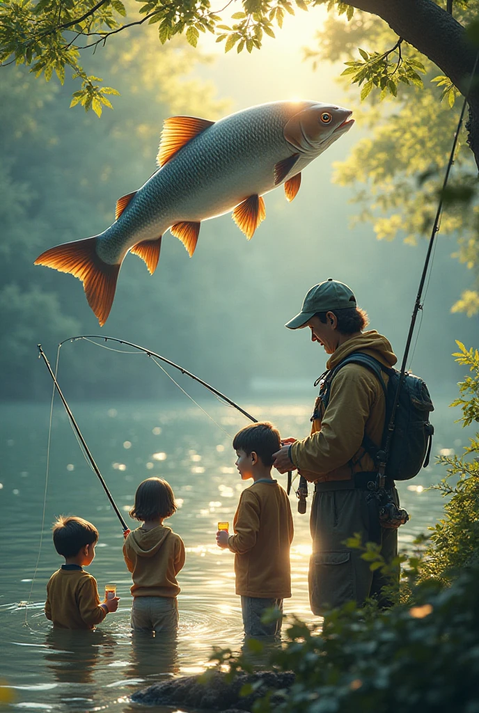 A man plus two dark haired male children fishing in a river
