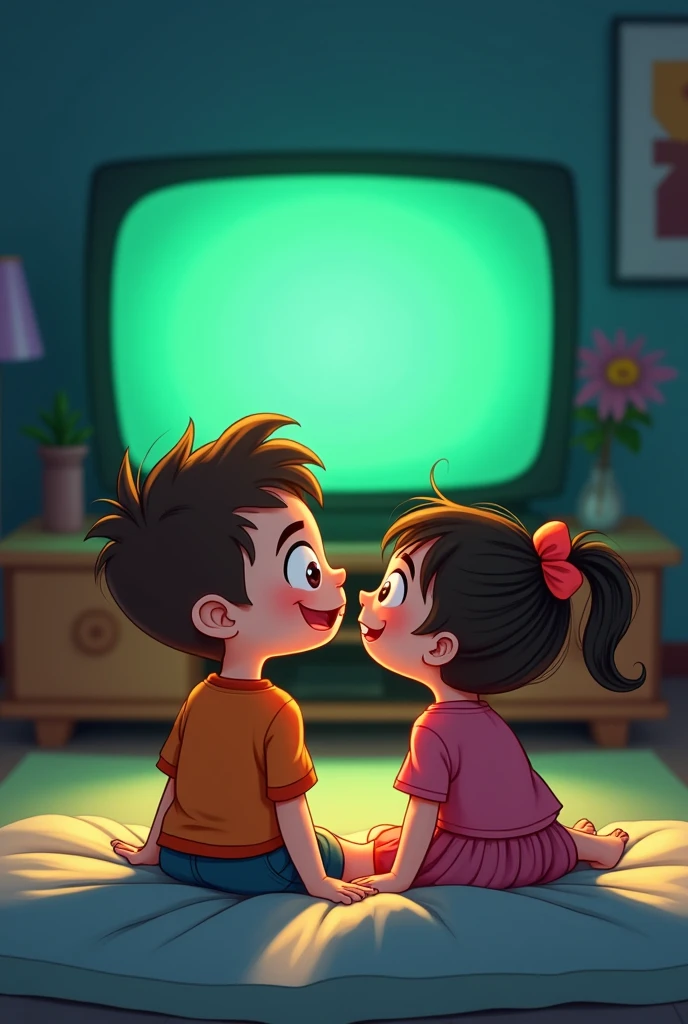 I would like to see a couple in front of the TV A girl farts she is embarrassed The boy farts too