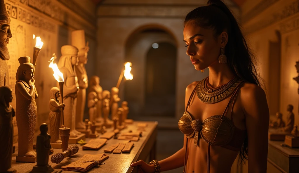 A cinematic still from a historical film, depicting the luxurious interior of a pyramid in ancient Egypt. The scene features an elaborate room with ADULT sarcophagi adorned with gold inlay and intricate carvings. In the center, a voluptuous female tomb raider stands among the artifacts, her eyes full of wonder and discovery. The walls of the pyramid are adorned with impressive hieroglyphic murals, casting a warm and mysterious atmosphere over the entire scene., cinematic, architecture, photo