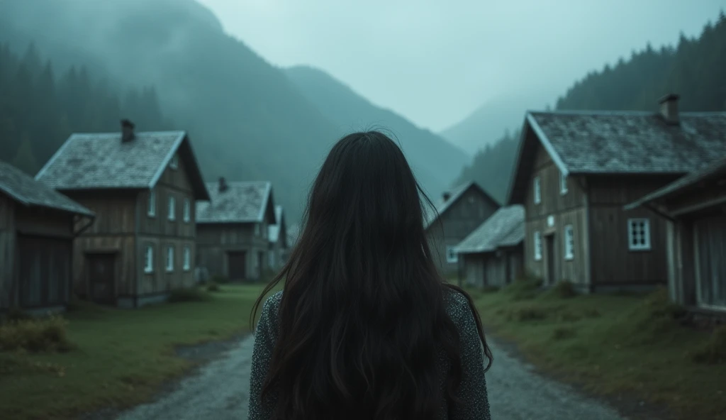 Paragraph 1:
" An isolated village amidst misty hills ,  with rustic houses and a dark atmosphere .  at the city centre,  of an amazingly beautiful young woman ,  with long dark hair and melancholic expression ,  surrounded by suspicious and envious residents ."
