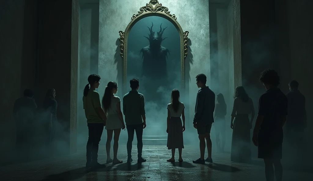  An abstract and mysterious scene ,  with people looking into a mirror , hesitant. In the depths of the mirror,  seems something dark and undefined emerge ,  while shadows envelop the environment .