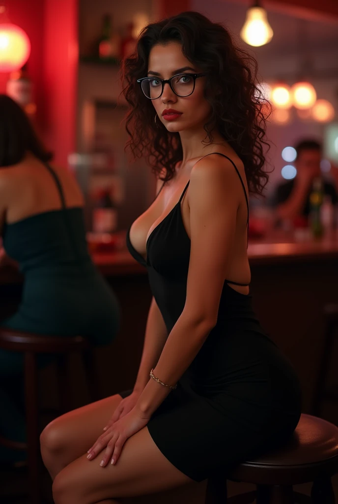 Professional Whole Body Photo, (Photo 4k:1.1) From (Jeremy Lipking:0.3), (Dittmann Anna:0.3), (Cecile:0.3), (Accurate Focus:1.3), High Precision, Big ass, large breasts, Sexy and Elegant Black Dress, Nightclub, Light Brown Hair, Sexy Glasses, Instagram Pose, Fit and confident woman, perfect anatomy, perfect symmetry: 1.2, medium breasts: 1.4, realistic face: 1.2, perfect face, content, confident, very detailed and dramatic, cinematic lighting, Scene of light, soft lights