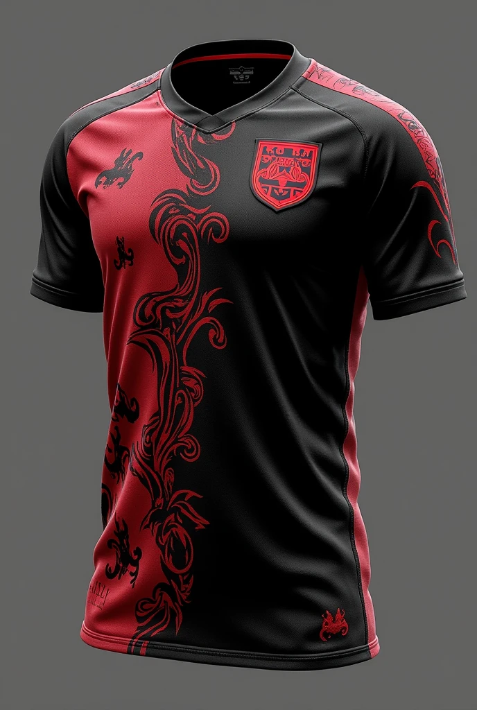 Create for me rugby jersey on sleeve maori pattern colour red black white/black collar wrote lake tribe rugby white background jersey only no model clear design front view