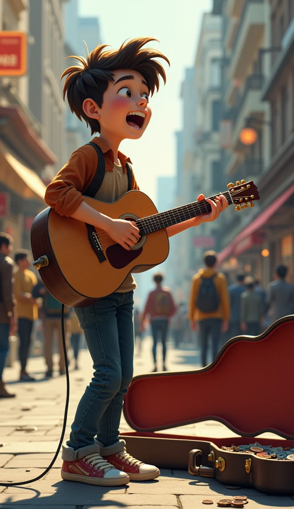 young handsome asian boy , black neat messy hair. street musician, playing guitar on the street Terazije, Belgrade, summer time, many people listening his playing