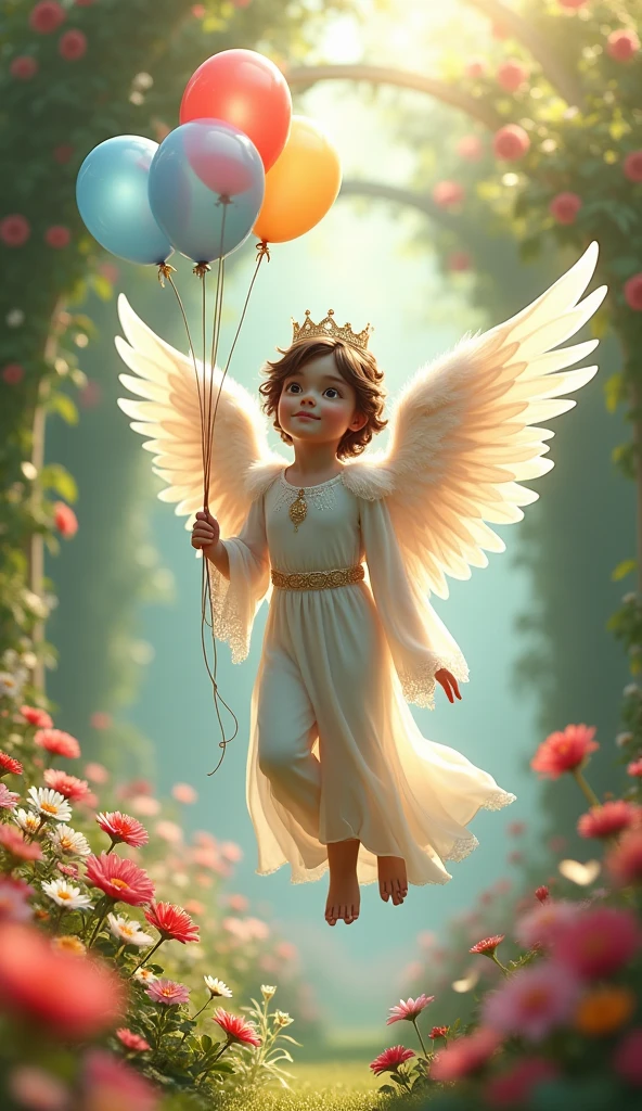 a silly old angel, flower garden, children, mischievous, playful, whimsical, detailed fantasy, vibrant colors, lush foliage, warm lighting, magical realism, intricate details, photorealistic, 8k, best quality, masterpiece
