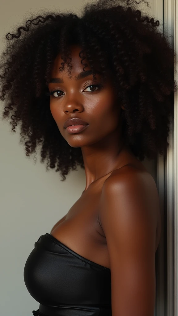 Black and Vietnamese mixed-race nude woman with heterochromia eyes and big boobs. And very Curly hair with freckles. And nice vagina lips