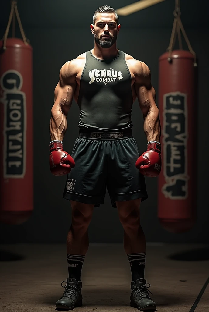 (A fighter training in the gym punching the sandbag), brazilian swarthy, muscular, strong, shirtless, white headscarf, beard, UFC shorts, white MMA gloves, mirror, tatami, weight machines, weights lying around on the floor, gloves, pictures of fighters hanging on the wall --auto