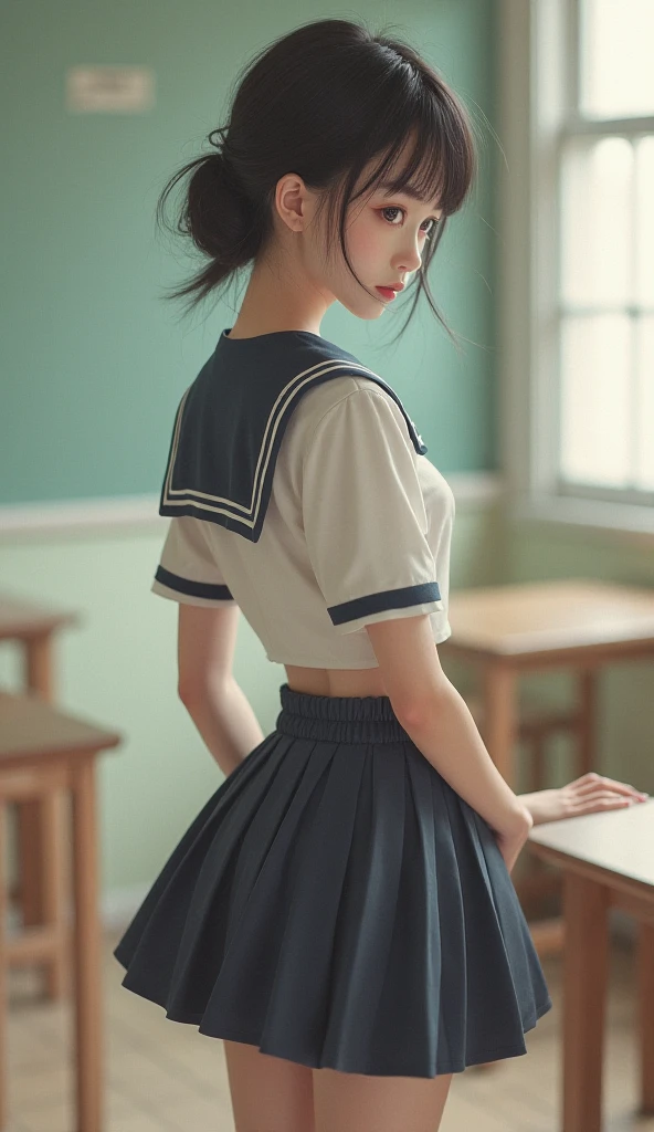Beautiful wearing a white sailor suit standing by the window in the classroom