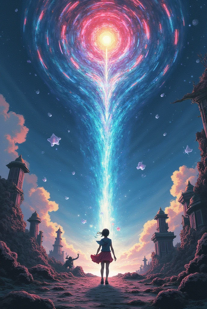 A serene silhouette artwork showing a woman with her arms raised, reaching towards the sky. Her silhouette blends with that of a baby rainbow dragon, perched delicately on her hands, under the glow of a full moon. The background features a star-filled night sky with subtle hints of swirling, abstract patterns. The double exposure effect merges the woman’s reaching form with the colorful, delicate dragon, creating a composition that feels both uplifting and magical. The colors are primarily dark blues and blacks with bright white, silver highlights, and vibrant rainbow tones from the dragon.