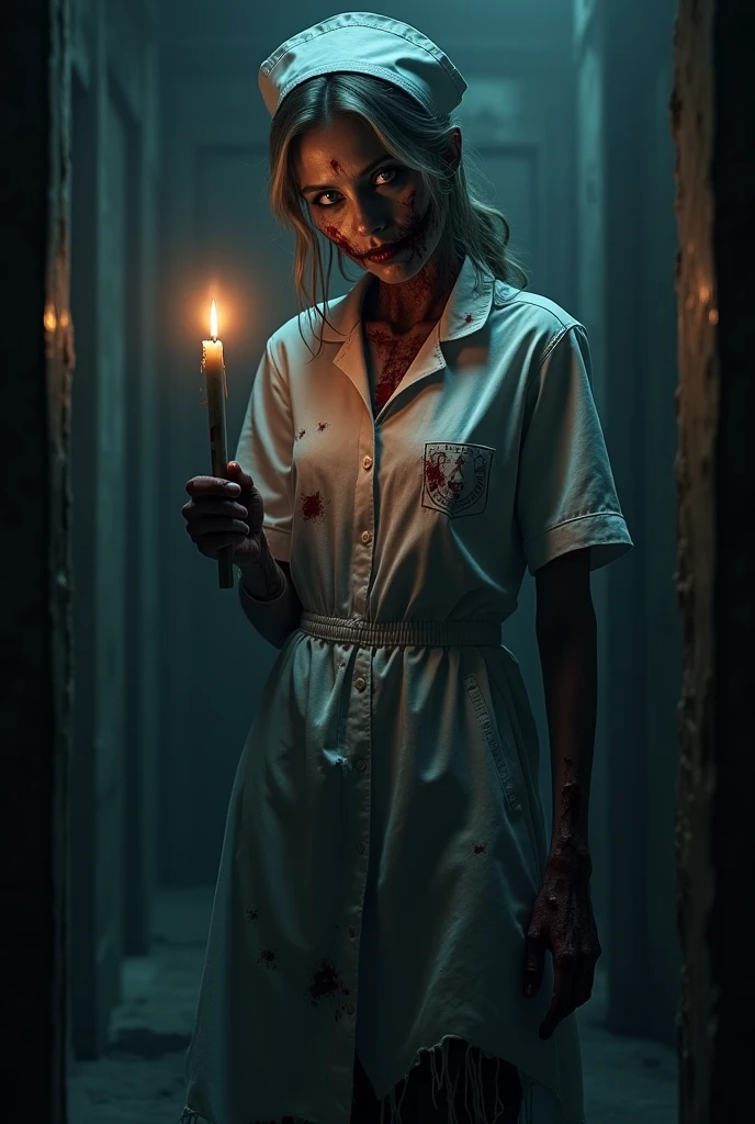 Image of a ghostly figure, pale-looking and empty-eyed, standing next to the bed.
The woman holding a huge syringe that glows with a blood-red liquid.