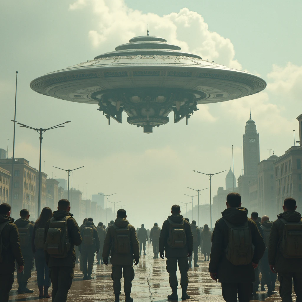 arafed image of a group of people standing in a field with a large flying object, still frame from prometheus, military parade, pierre pellegrini and ash thorp, in style of dieselpunk, otherworldly visuals, spherical black helmets, battalion, parade, compositing --auto --s2